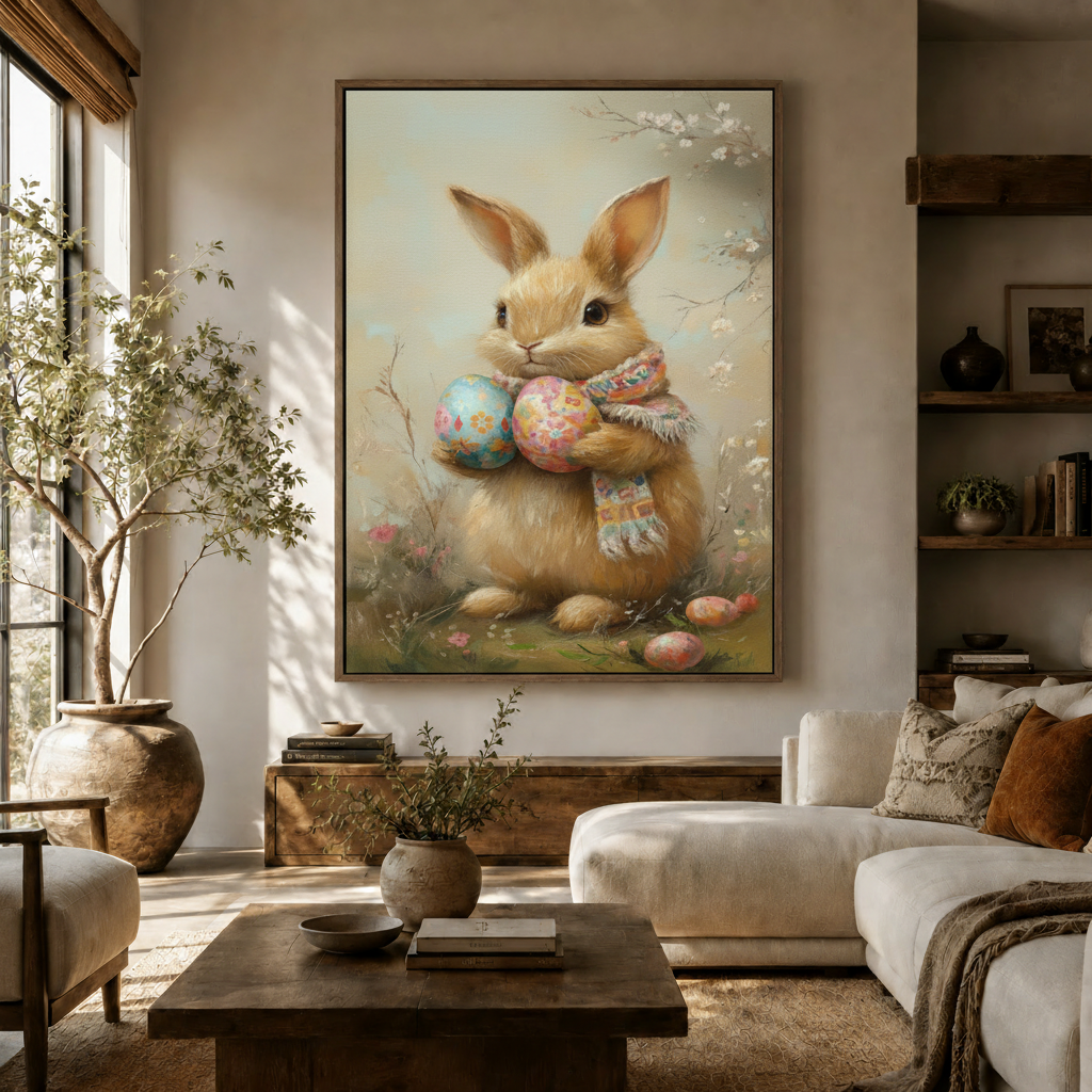 Easter bunny oil painting with colorful eggs displayed in warm neutral living room above sofa