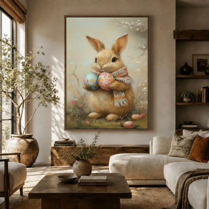 Easter bunny oil painting with colorful eggs displayed in warm neutral living room above sofa
