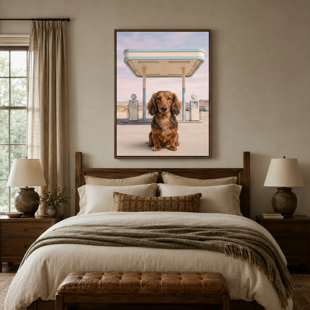 Photorealistic long-haired dachshund retro desert gas station canvas in dark walnut frame above cozy bedroom headboard