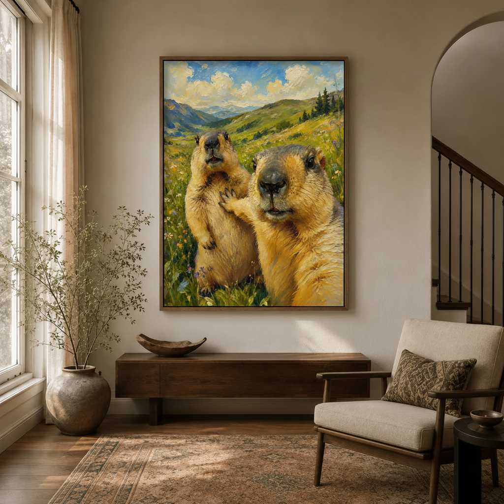Funny marmot selfie oil painting in warm brown float frame hung above console in a bright neutral entryway