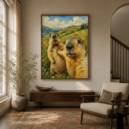 Funny marmot selfie oil painting in warm brown float frame hung above console in a bright neutral entryway