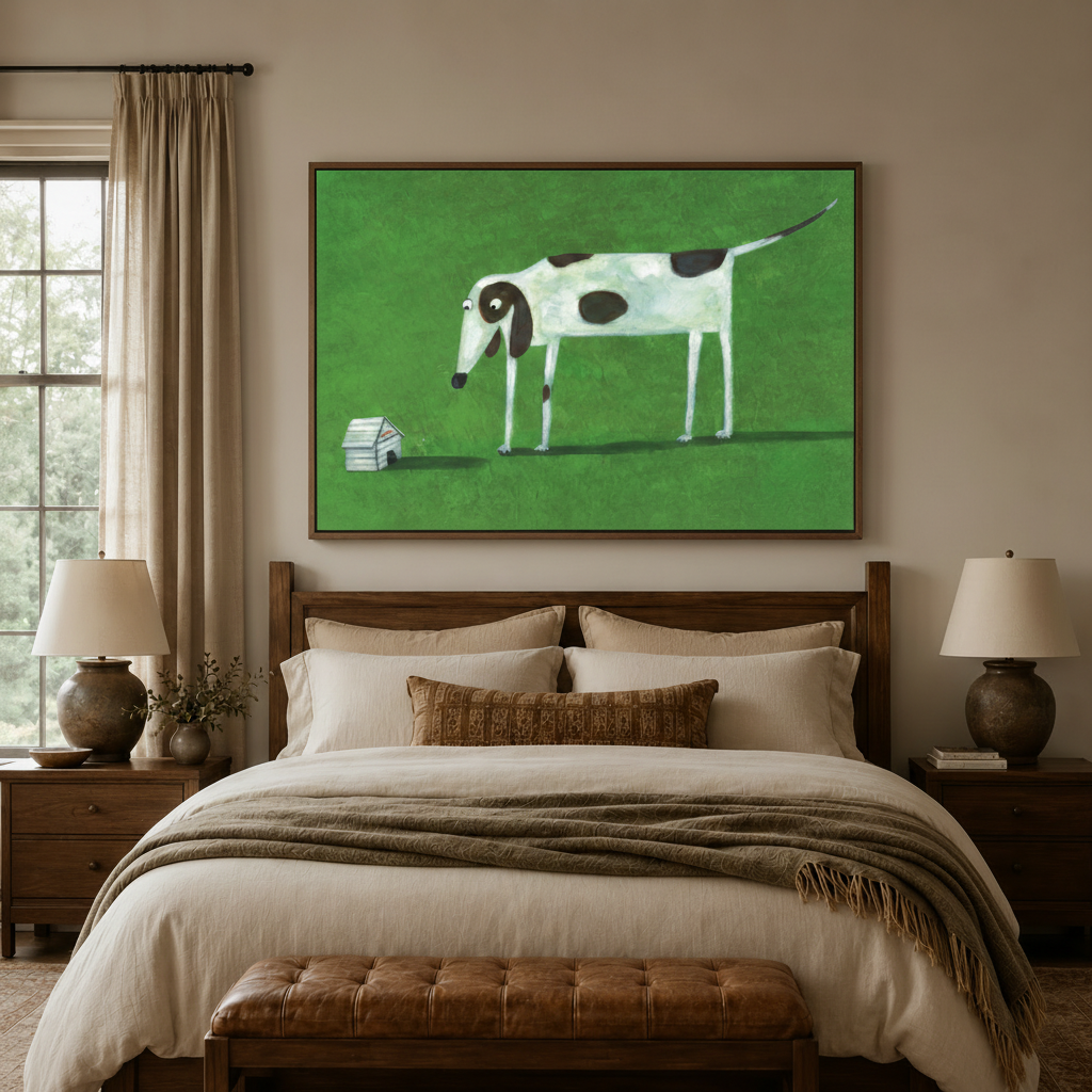 Big dog tiny house funny cartoon canvas wall art displayed large above walnut headboard in warm cream bedroom