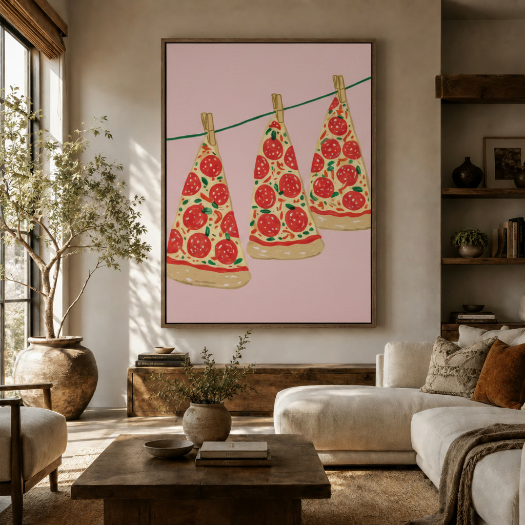 Whimsical pizza clothesline canvas wall art hanging above console in warm organic living room