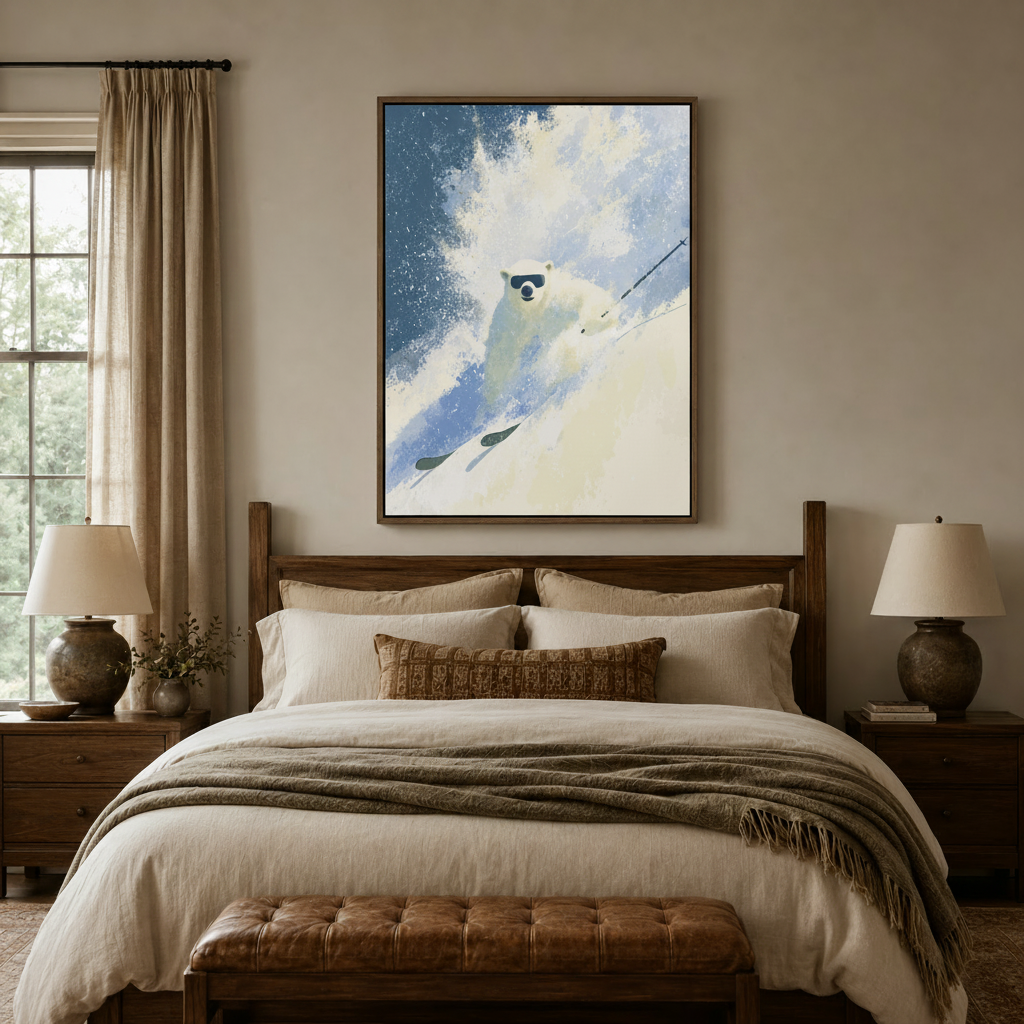 Watercolor polar bear skiing canvas wall art framed above bed in cozy bedroom