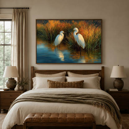 Two white egrets autumn wetland classical canvas in walnut float frame above neutral linen bedroom headboard