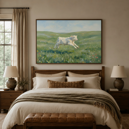 Leaping white calf green meadow wildflowers classical canvas in walnut float frame above neutral bedroom headboard