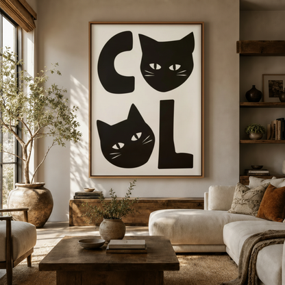 Cool cat graphic wall art print displayed in a warm modern living room