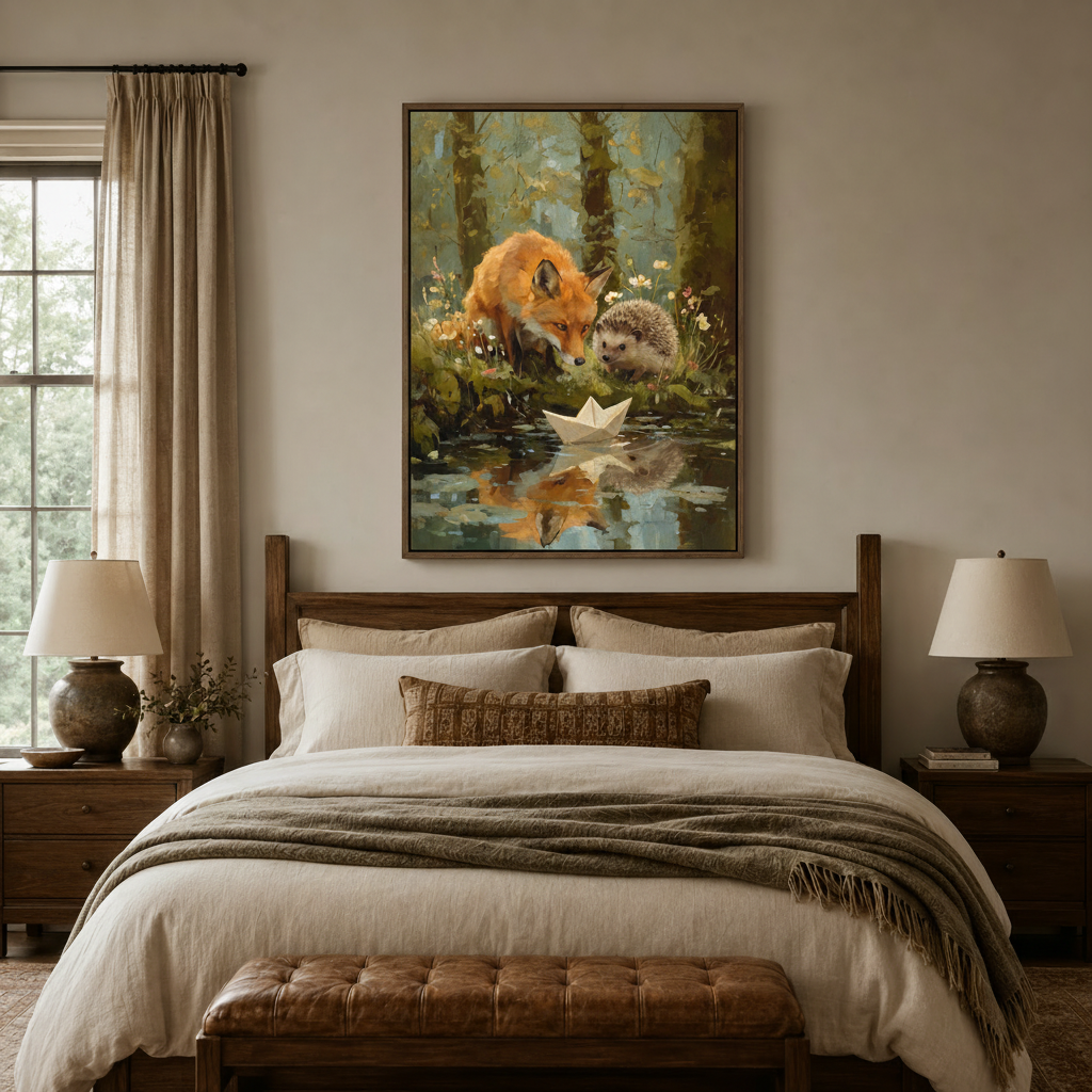 Fox and hedgehog watching paper boat on forest stream impasto canvas in walnut float frame above bedroom headboard
