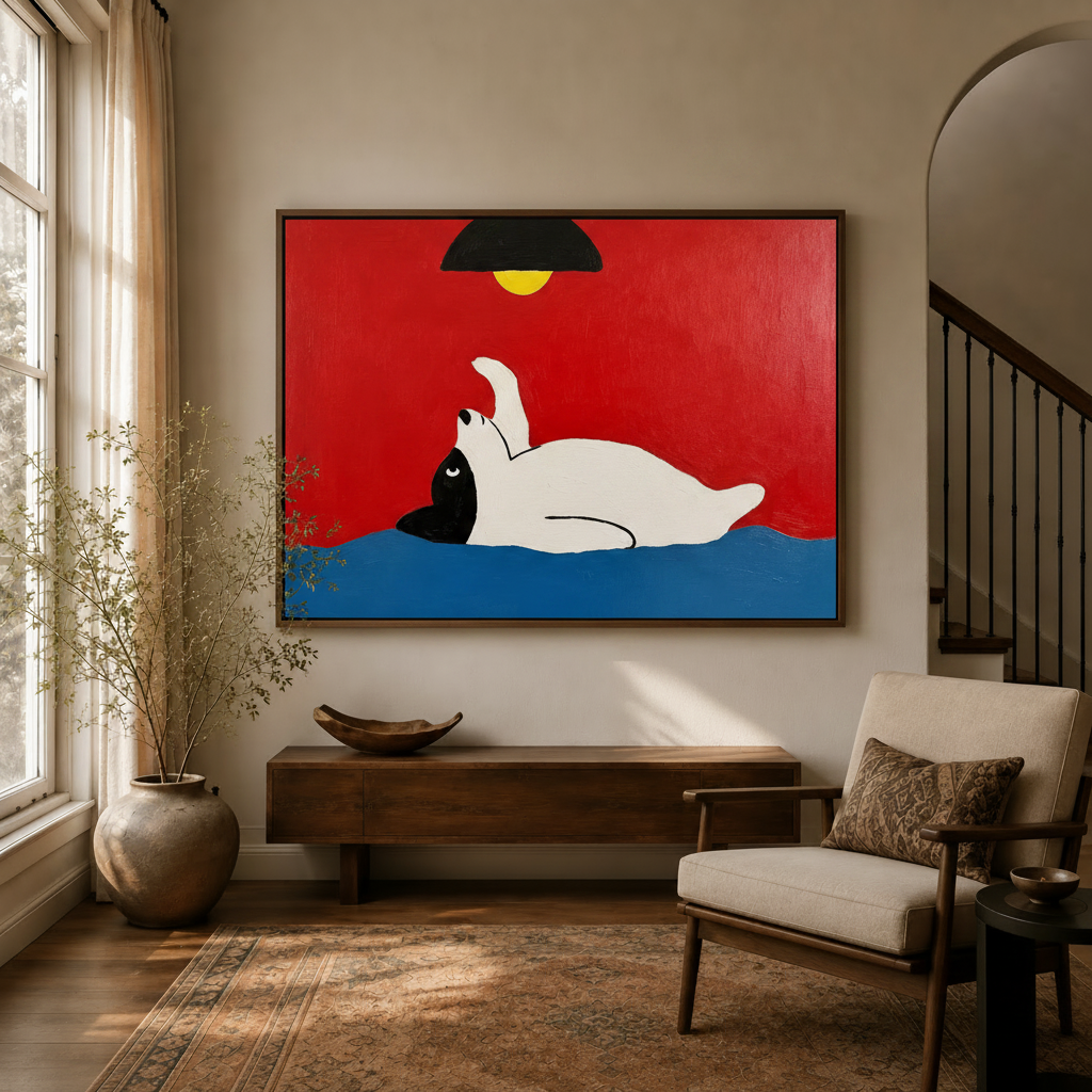 Lazy dog minimalist pop art canvas displayed above a wooden console in a warm neutral living room