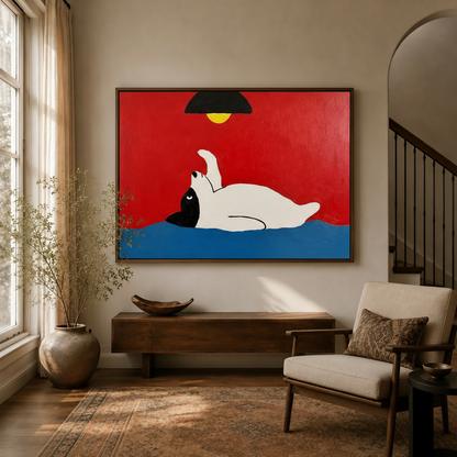 Lazy dog minimalist pop art canvas displayed above a wooden console in a warm neutral living room