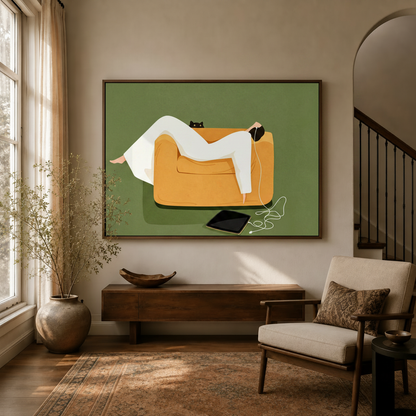 Cozy minimalist lifestyle canvas print displayed above a wooden console in a warm neutral entryway