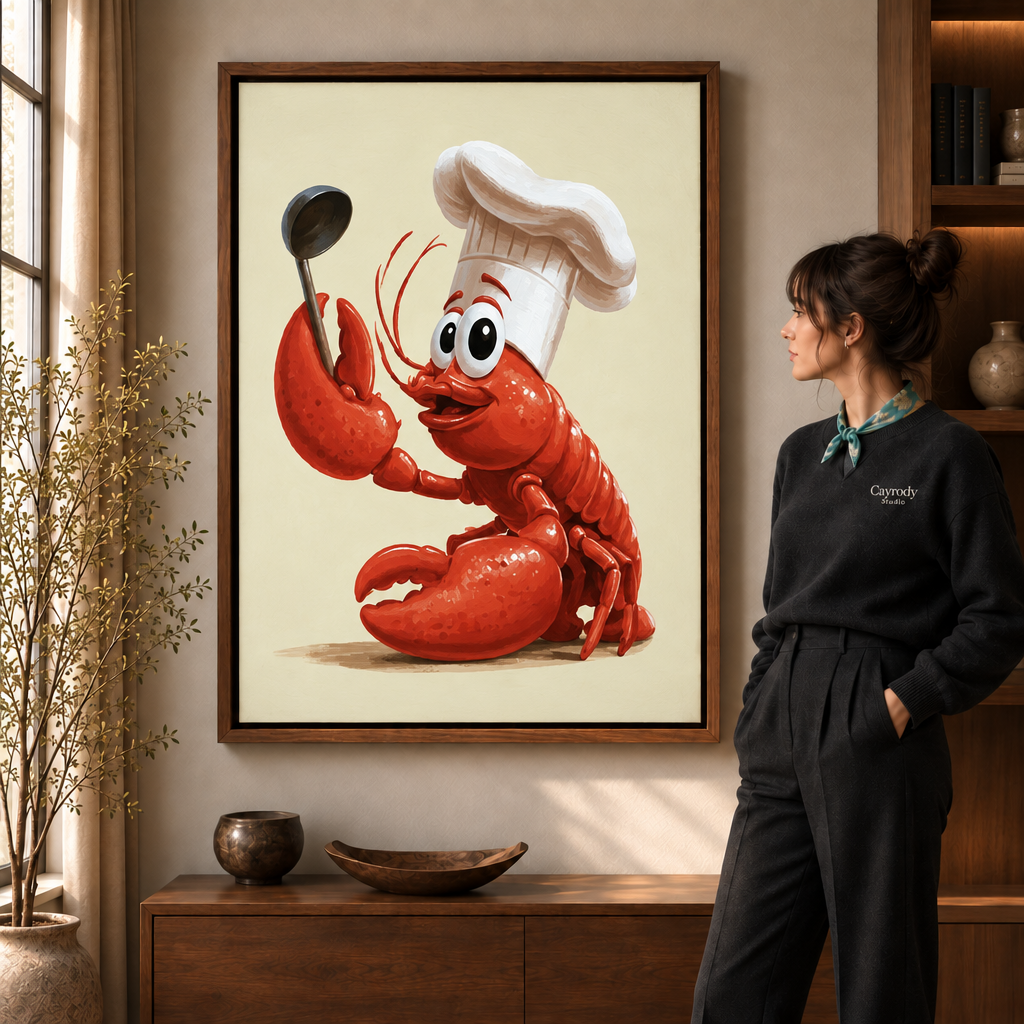 Framed lobster chef canvas displayed above a walnut console beside a woman.