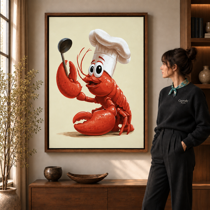 Framed lobster chef canvas displayed above a walnut console beside a woman.