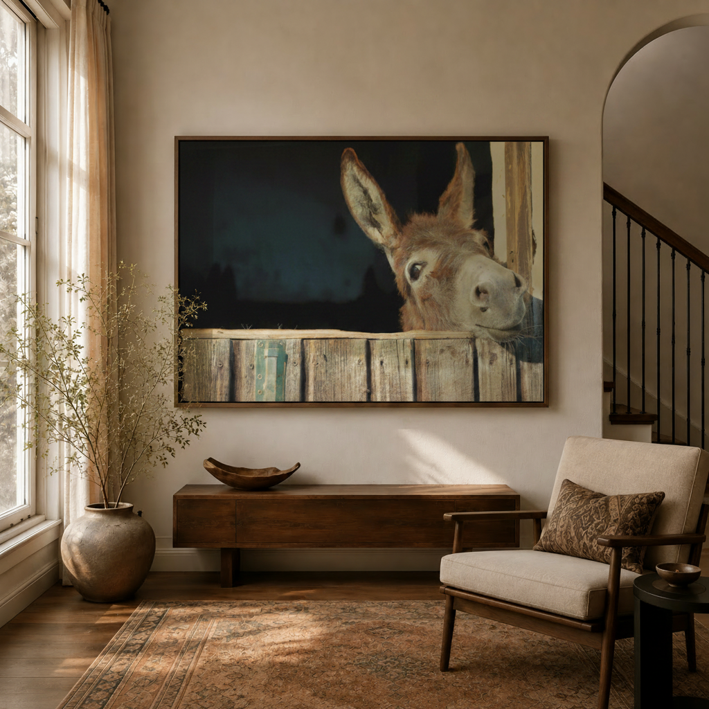 Rustic farmhouse donkey canvas wall art displayed above a wooden sideboard in a bright entryway