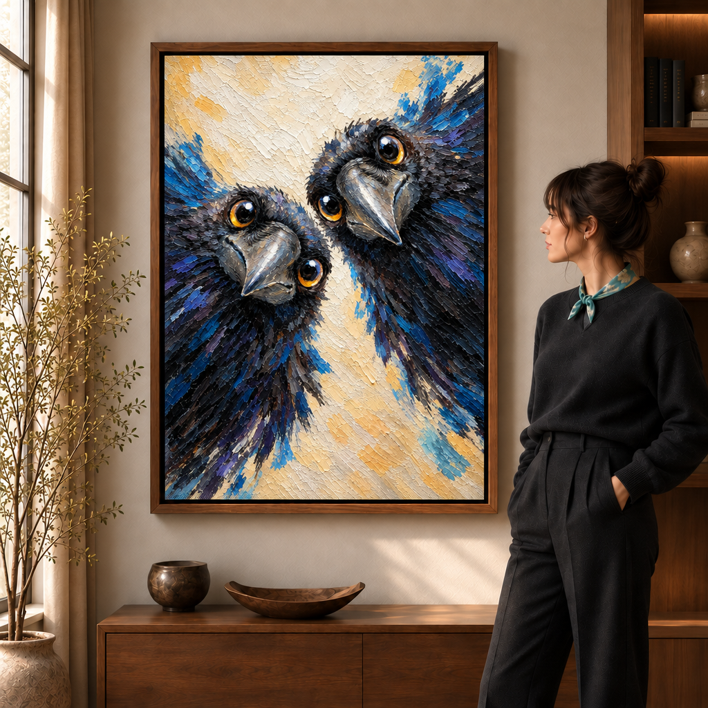Two curious black ravens with amber eyes and blue brushstrokes displayed in a framed living room artwork.