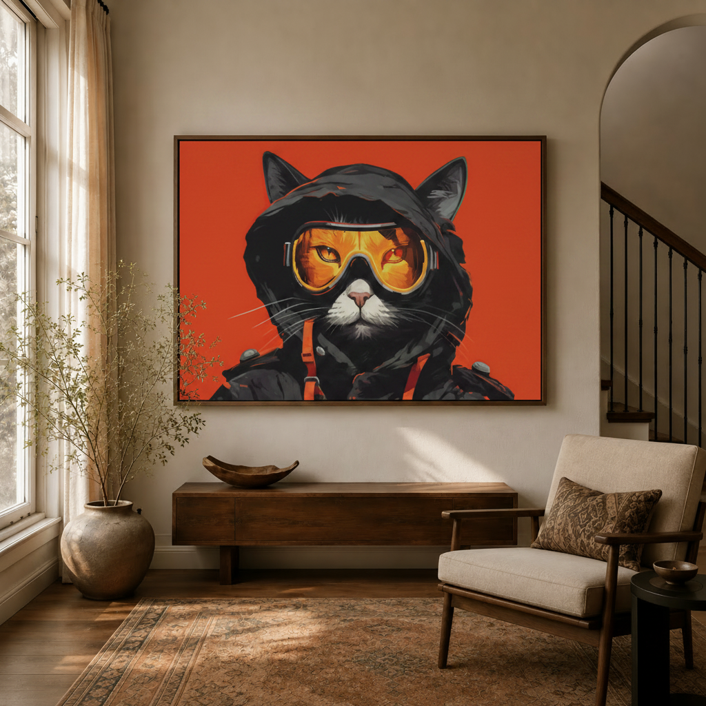 Tactical cat canvas wall art in dark walnut frame displayed in a warm living room entryway