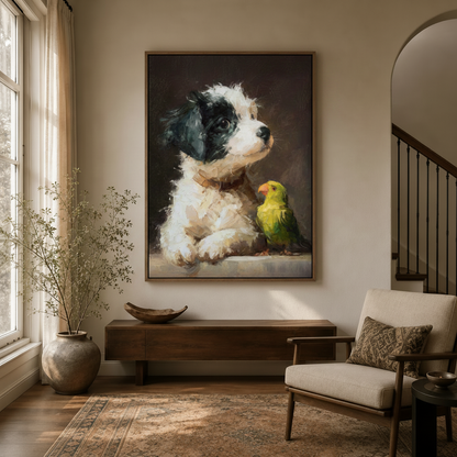 Puppy and parrot painterly canvas wall art displayed in a warm-toned entryway with walnut floater frame