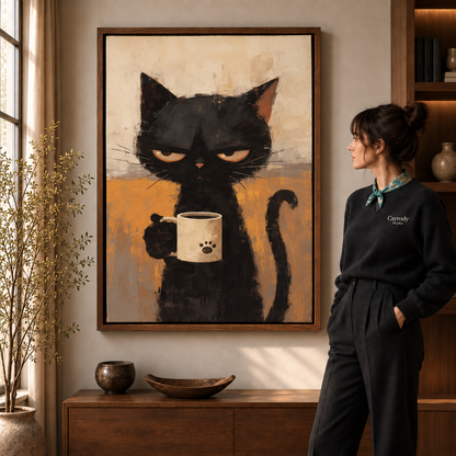 Grumpy black cat coffee canvas wall art displayed in a warm modern living room