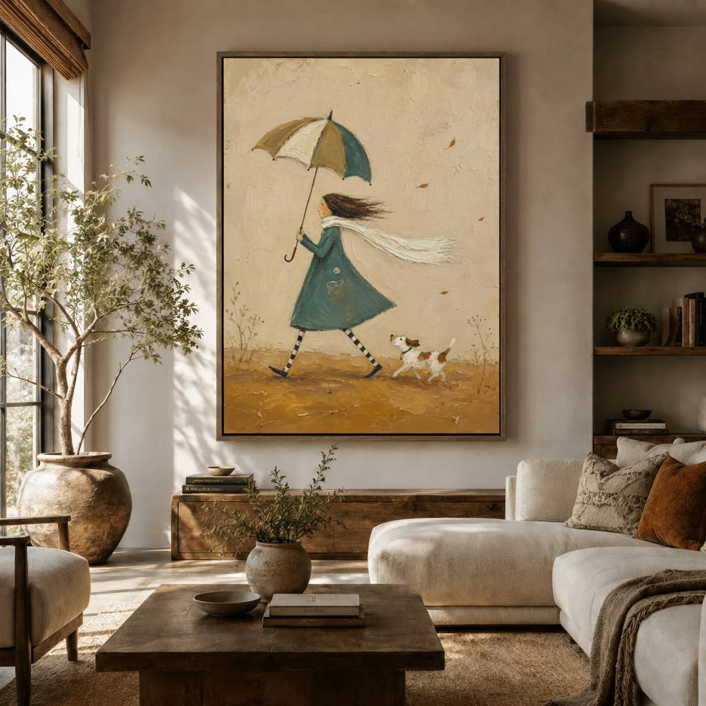 Whimsical folk art girl and dog autumn walk canvas print displayed in warm living room