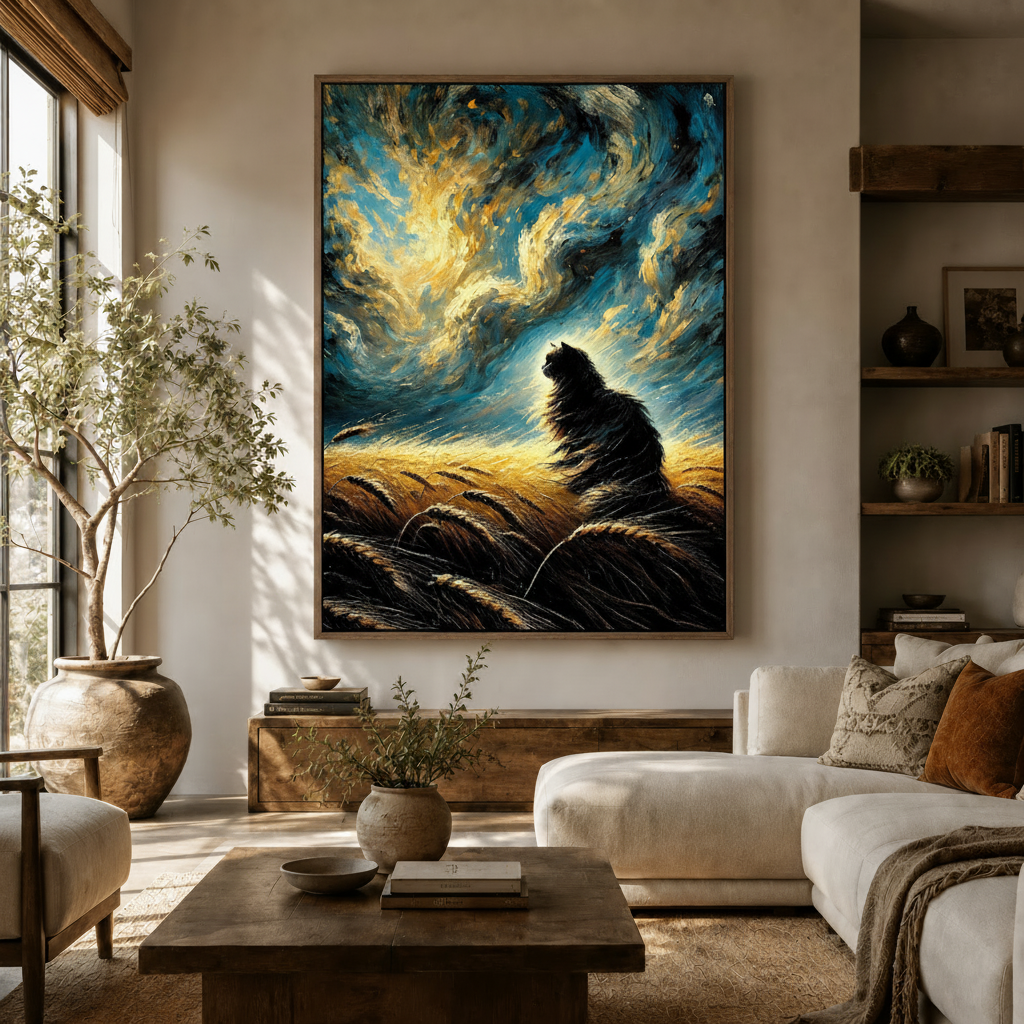 Van Gogh-style black cat canvas print displayed above console in bright modern living room with olive tree