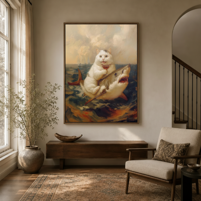 Classical baroque cat riding shark canvas in dark walnut frame styled in a warm neutral entryway