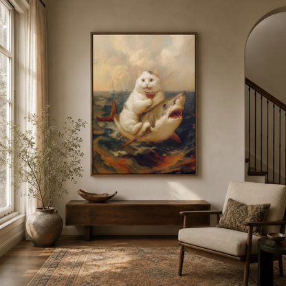 Classical baroque cat riding shark canvas in dark walnut frame styled in a warm neutral entryway
