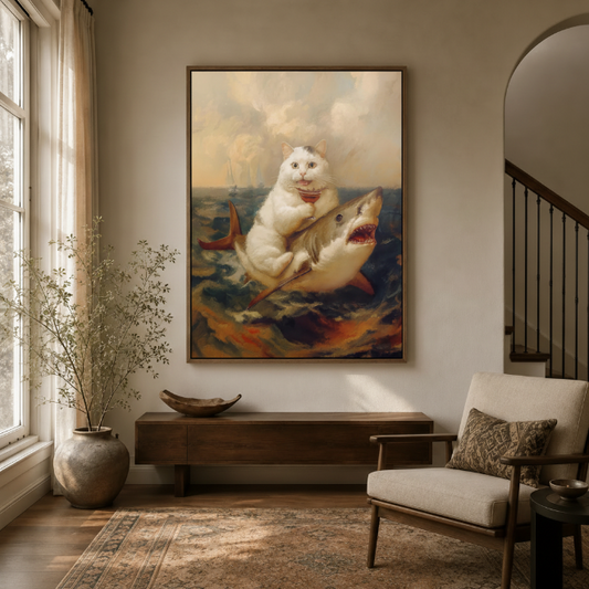 Classical baroque cat riding shark canvas in dark walnut frame styled in a warm neutral entryway