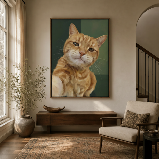 Selfie cat portrait wall art displayed in a warm entryway above a walnut console table and dried branch arrangement