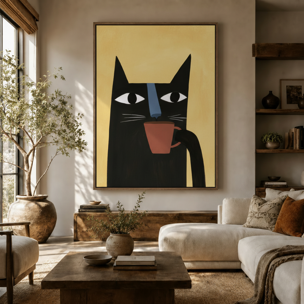 Bold pop art black cat canvas print displayed above a cream sofa in a bright modern farmhouse living room
