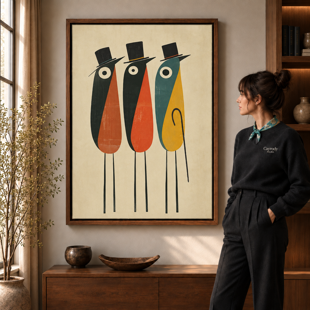 Walnut framed top hat figures canvas print styled in a sunlit contemporary living room
