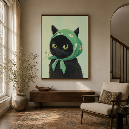 Grumpy black cat bandana canvas art hanging in a warm entryway above a wood console table
