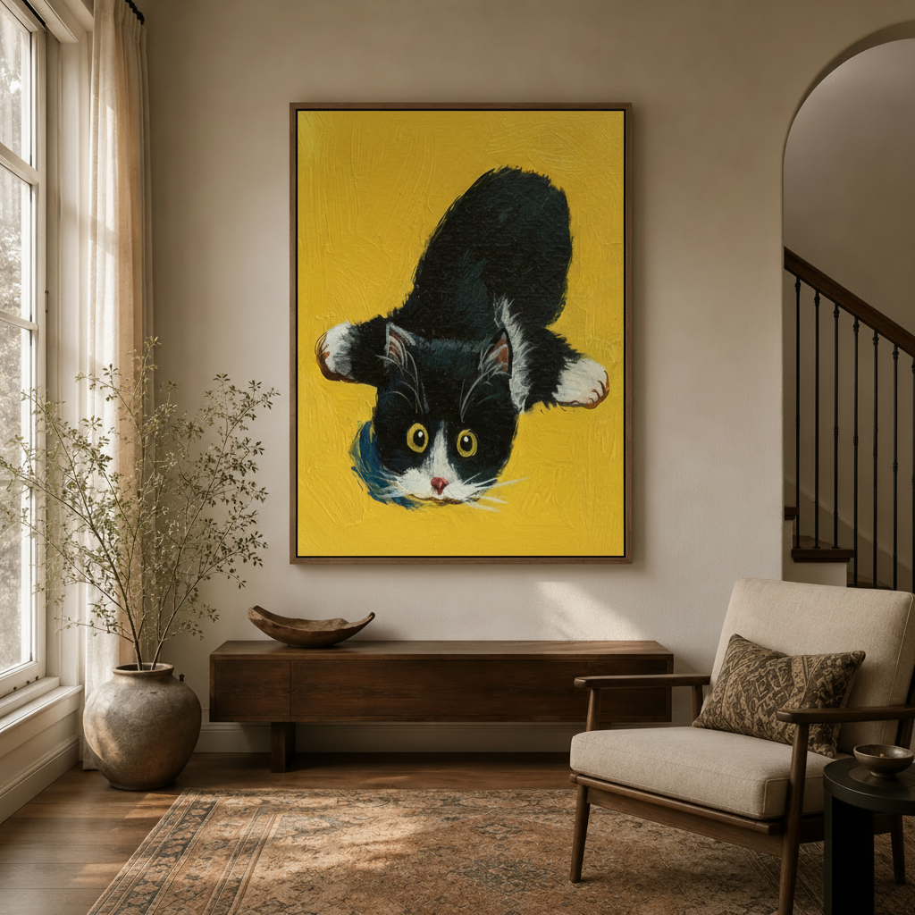 Playful black and white cat impasto canvas wall art displayed above a console table in a warm entryway