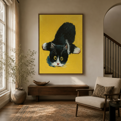 Playful black and white cat impasto canvas wall art displayed above a console table in a warm entryway