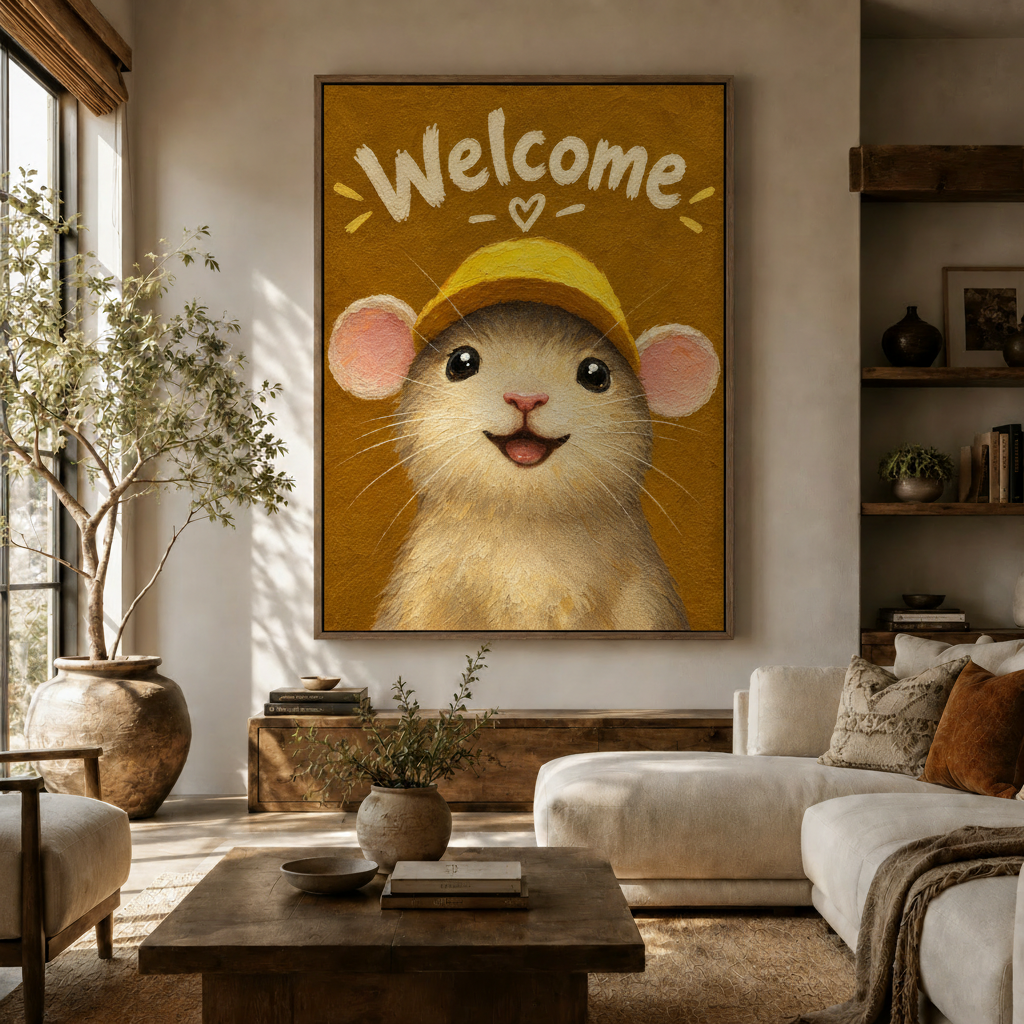 Cute welcome mouse canvas painting displayed above sofa in warm neutral living room