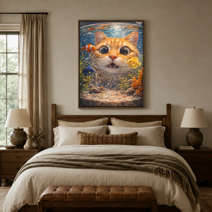 Hyper-realistic orange cat inside fishbowl with tropical fish canvas print above bedroom headboard