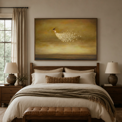 Surrealist framed canvas wall art hanging above bed in warm neutral bedroom
