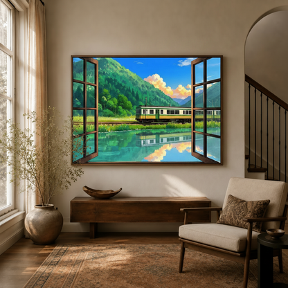 Ghibli anime train window canvas wall art displayed above console in warm neutral entryway