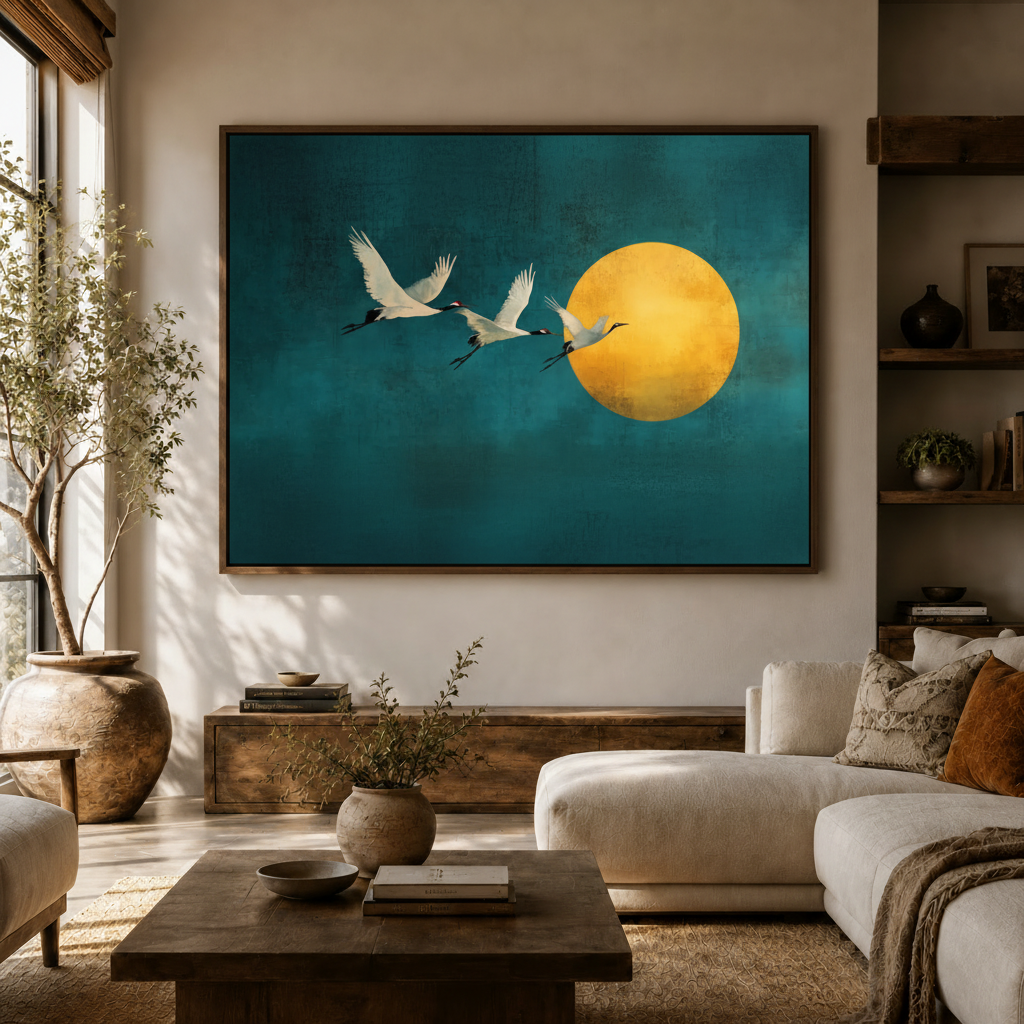 Large framed crane moon painting on off-white wall above white sofa with open shelving