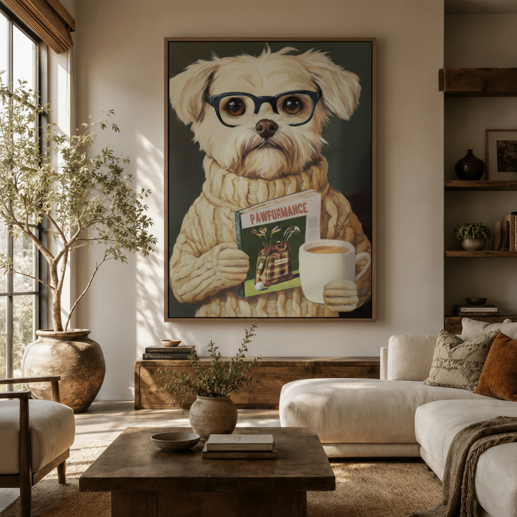 Funny dog oil painting canvas print above cream sofa in a warm modern living room setting