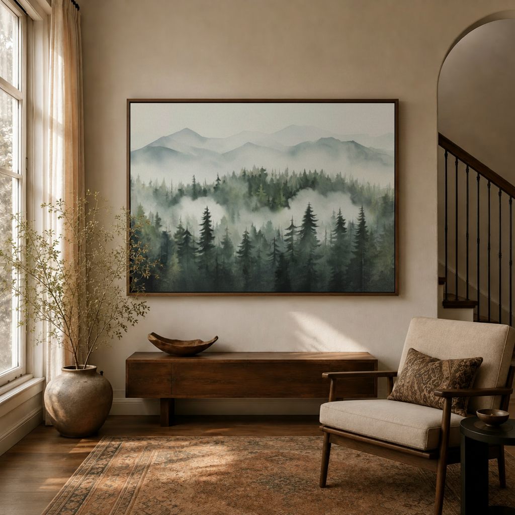 Misty pine forest watercolor canvas wall art displayed above a console table in a bright entryway hallway