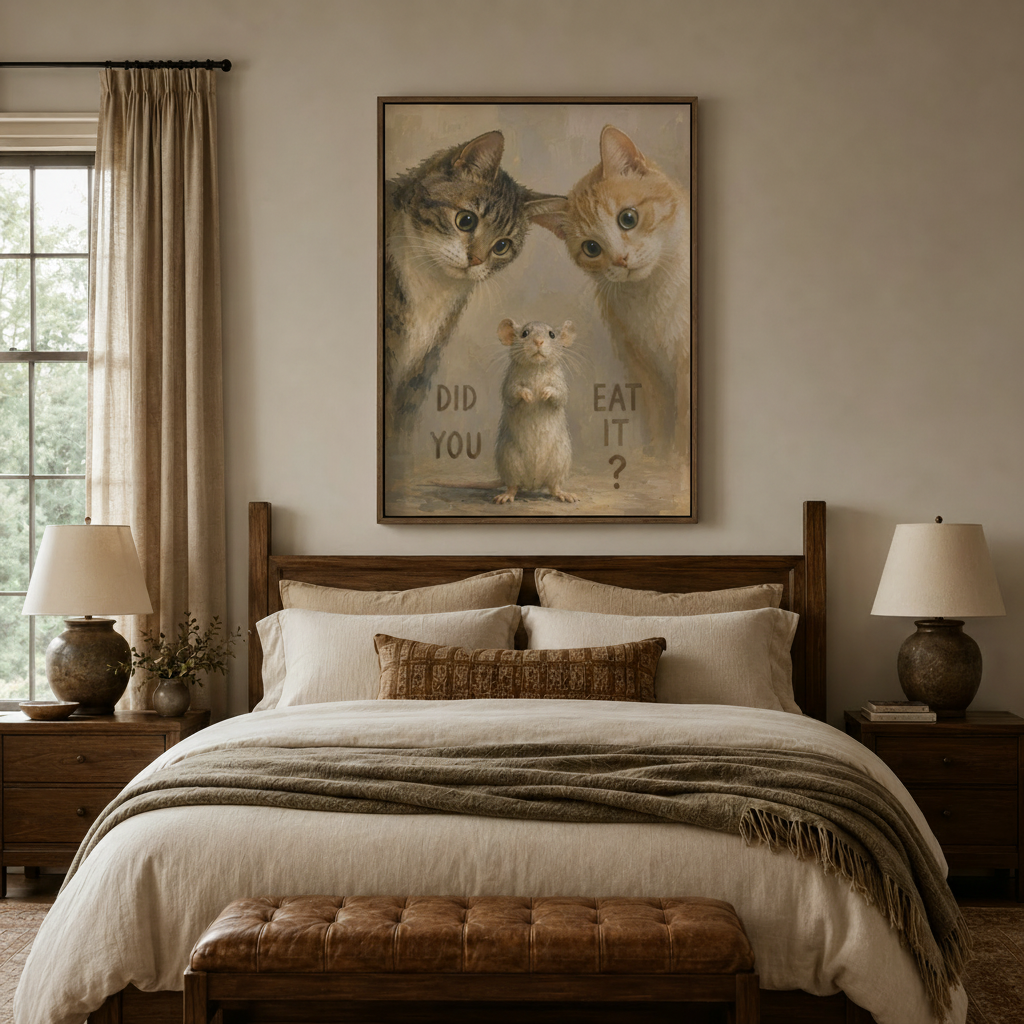 Two cats interrogating nervous mouse vintage humor canvas in dark walnut float frame above cozy neutral bedroom