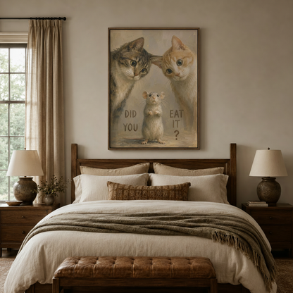 Two cats interrogating nervous mouse vintage humor canvas in dark walnut float frame above cozy neutral bedroom