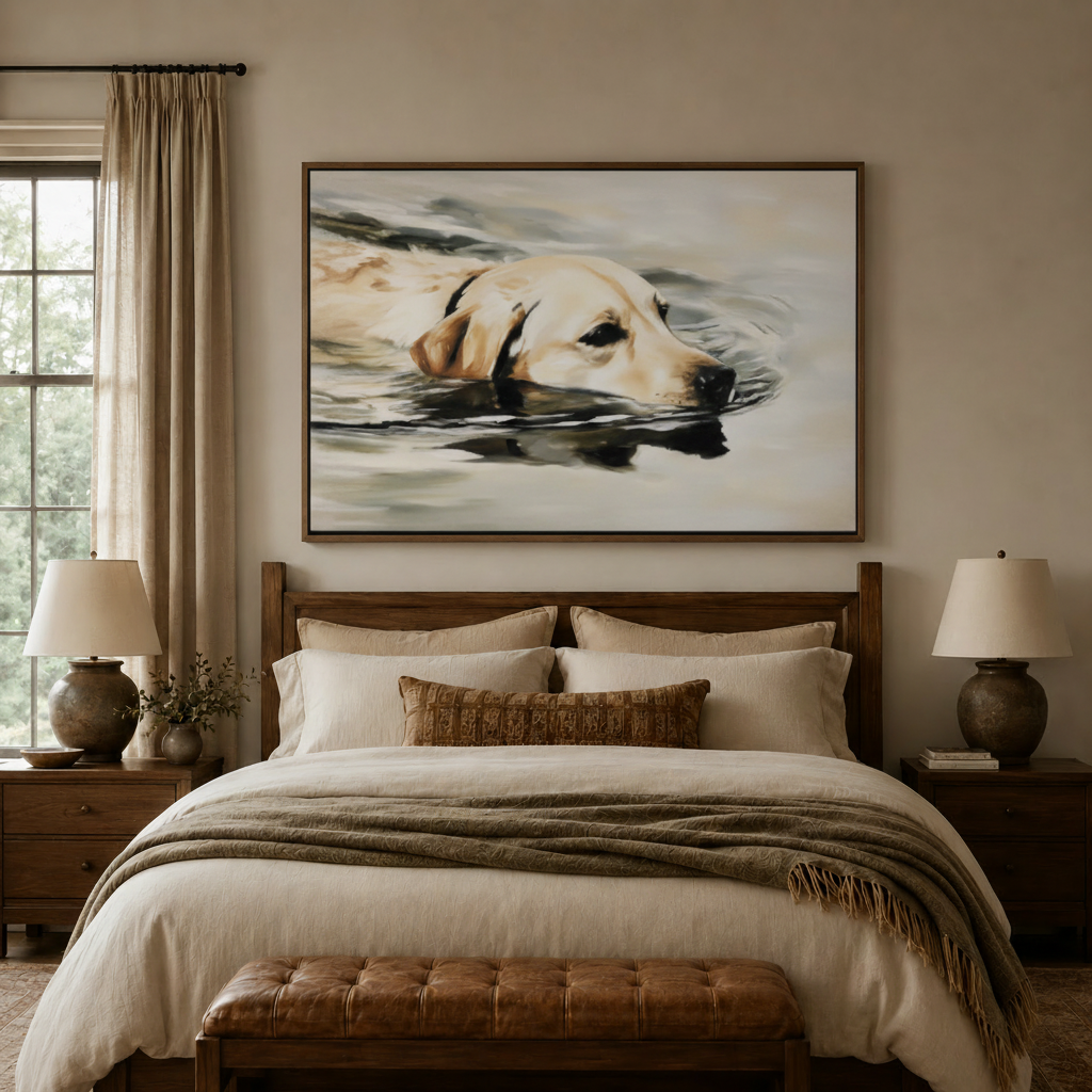 Labrador swimming water realistic watercolor canvas wall art displayed above warm neutral bedroom headboard