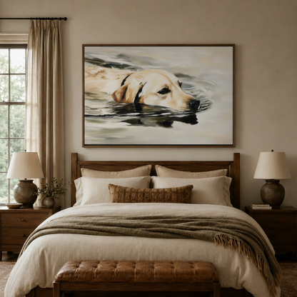 Labrador swimming water realistic watercolor canvas wall art displayed above warm neutral bedroom headboard