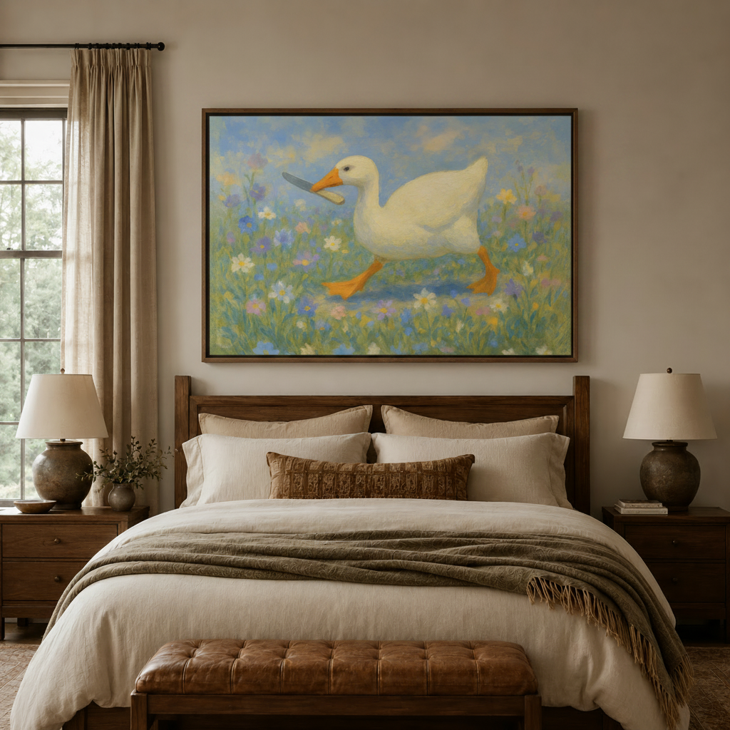 Duck with knife wildflower impressionist canvas wall art displayed above cozy neutral bedroom headboard