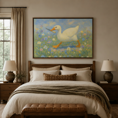 Duck with knife wildflower impressionist canvas wall art displayed above cozy neutral bedroom headboard