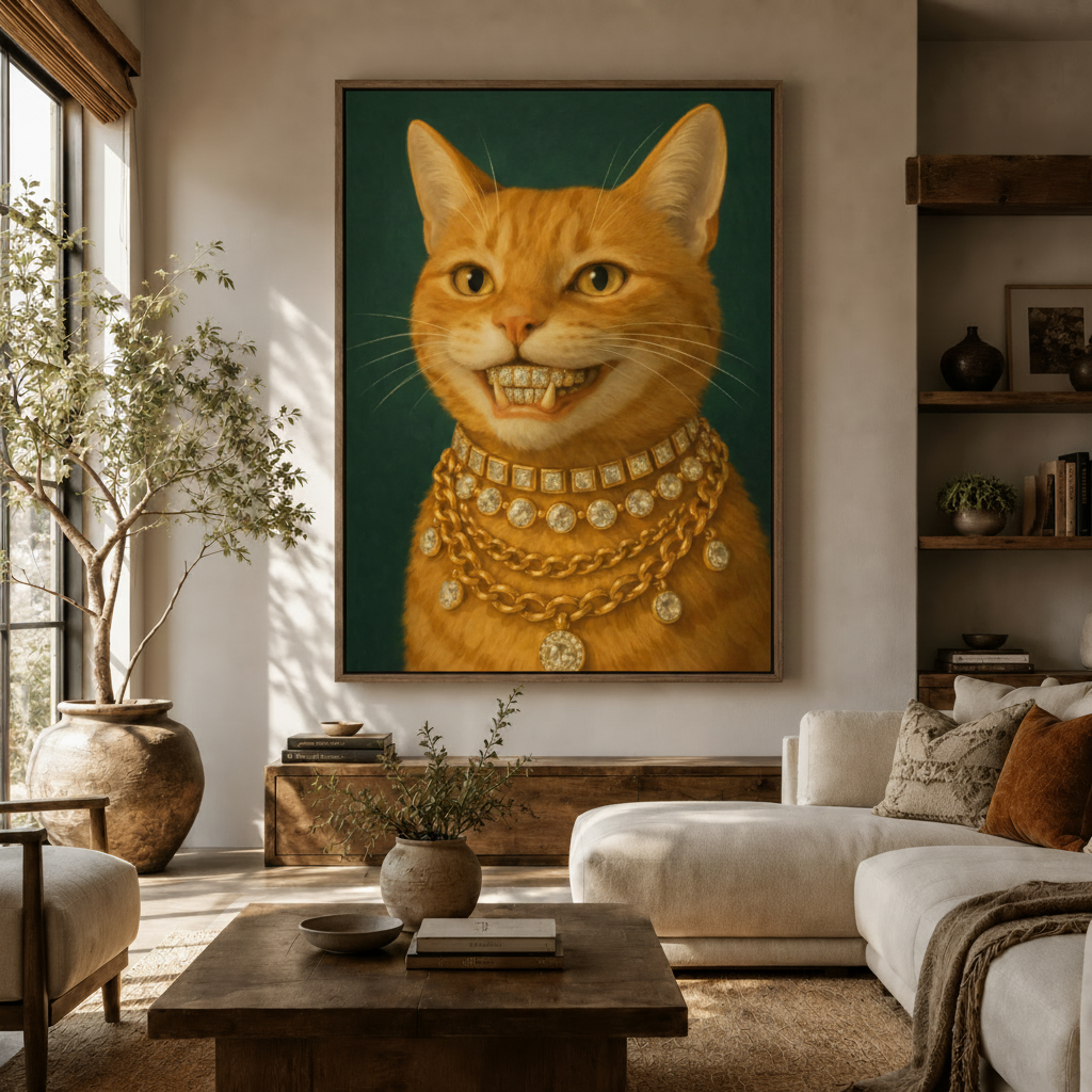 Funny cat gold chain oil painting canvas in float frame styled in warm neutral living room
