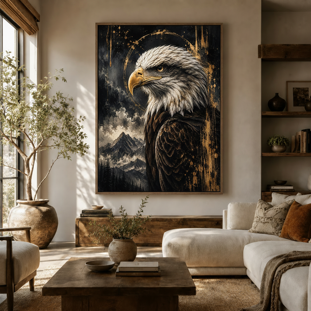 Black gold bald eagle portrait canvas wall art displayed above console in warm living room