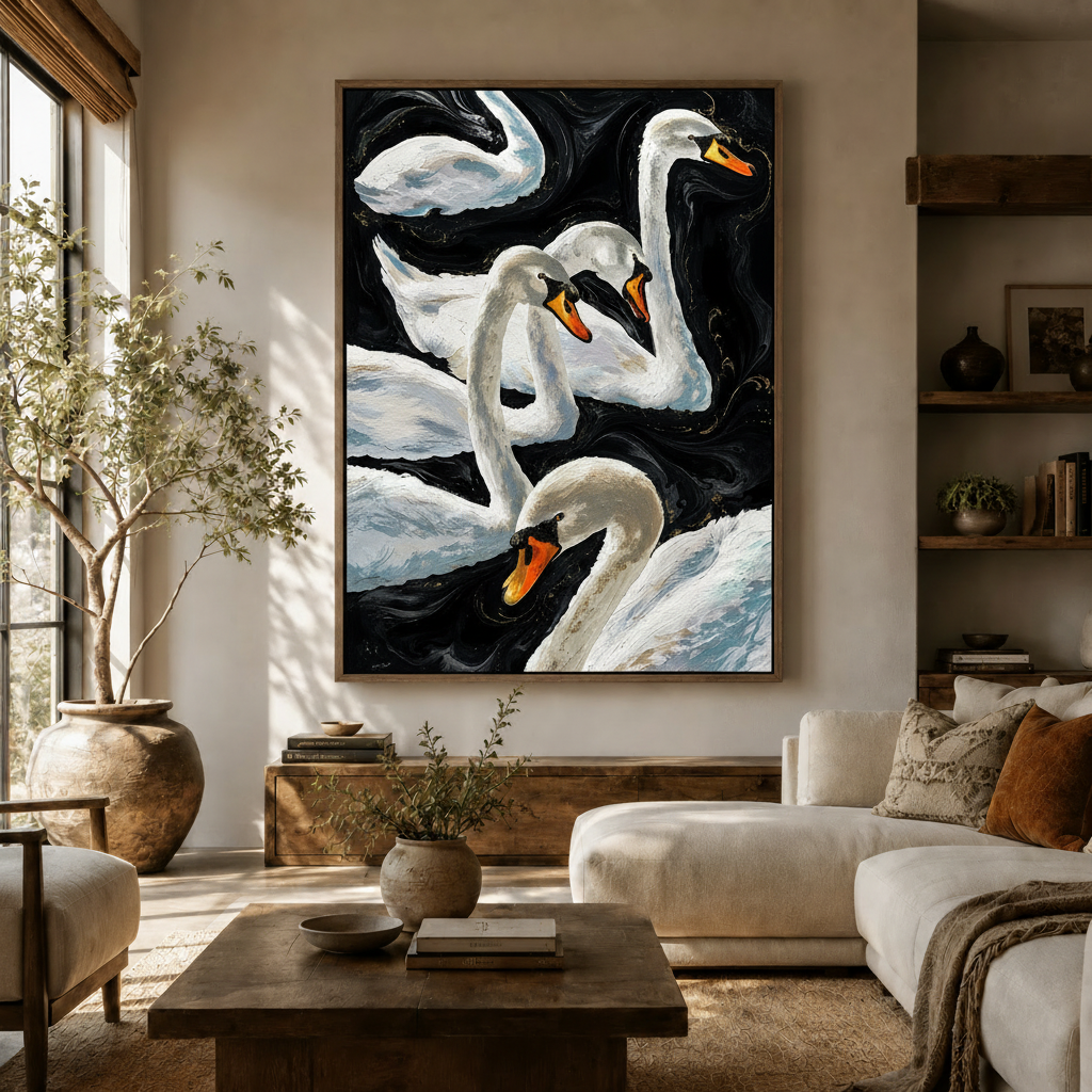 White swan impasto oil canvas wall art displayed above a wooden sideboard in a bright modern living room