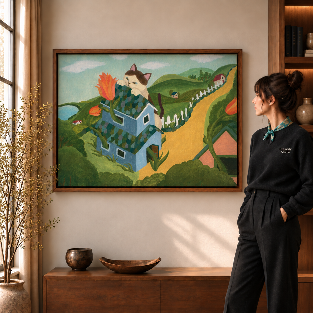 Woman with a silk scarf and black sweater gazing at folk-art cat artwork framed in deep walnut by a window